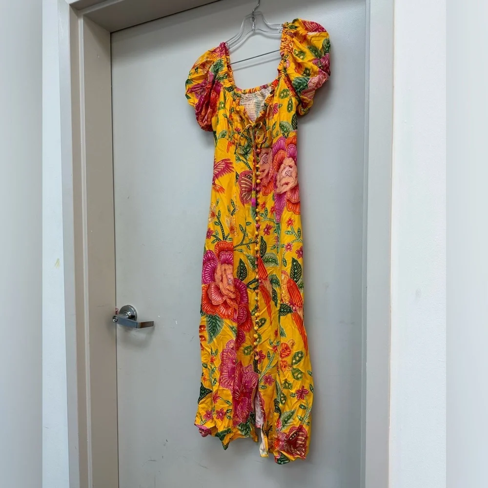 NWT FARM Rio Yellow Macaw Bloom Puff-Sleeve Midi Dress - Picture 5 of 10
